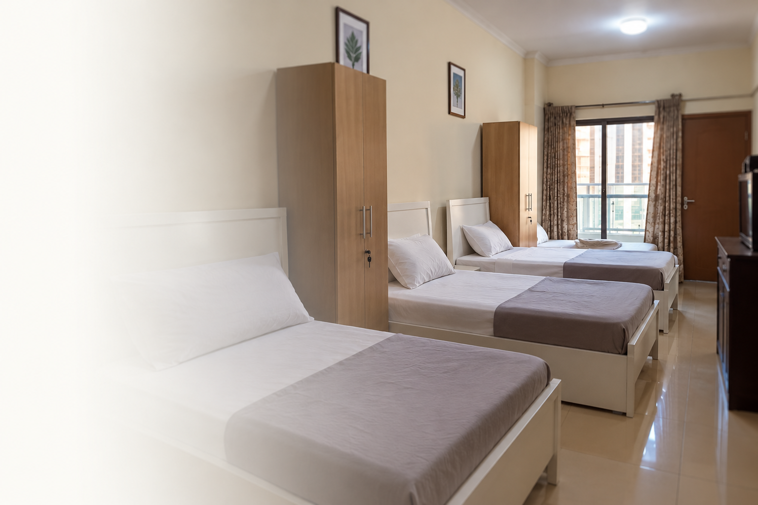 Clean furnished shared bedroom at 4Leaf Living, Al Attar Tower near Financial Centre Metro