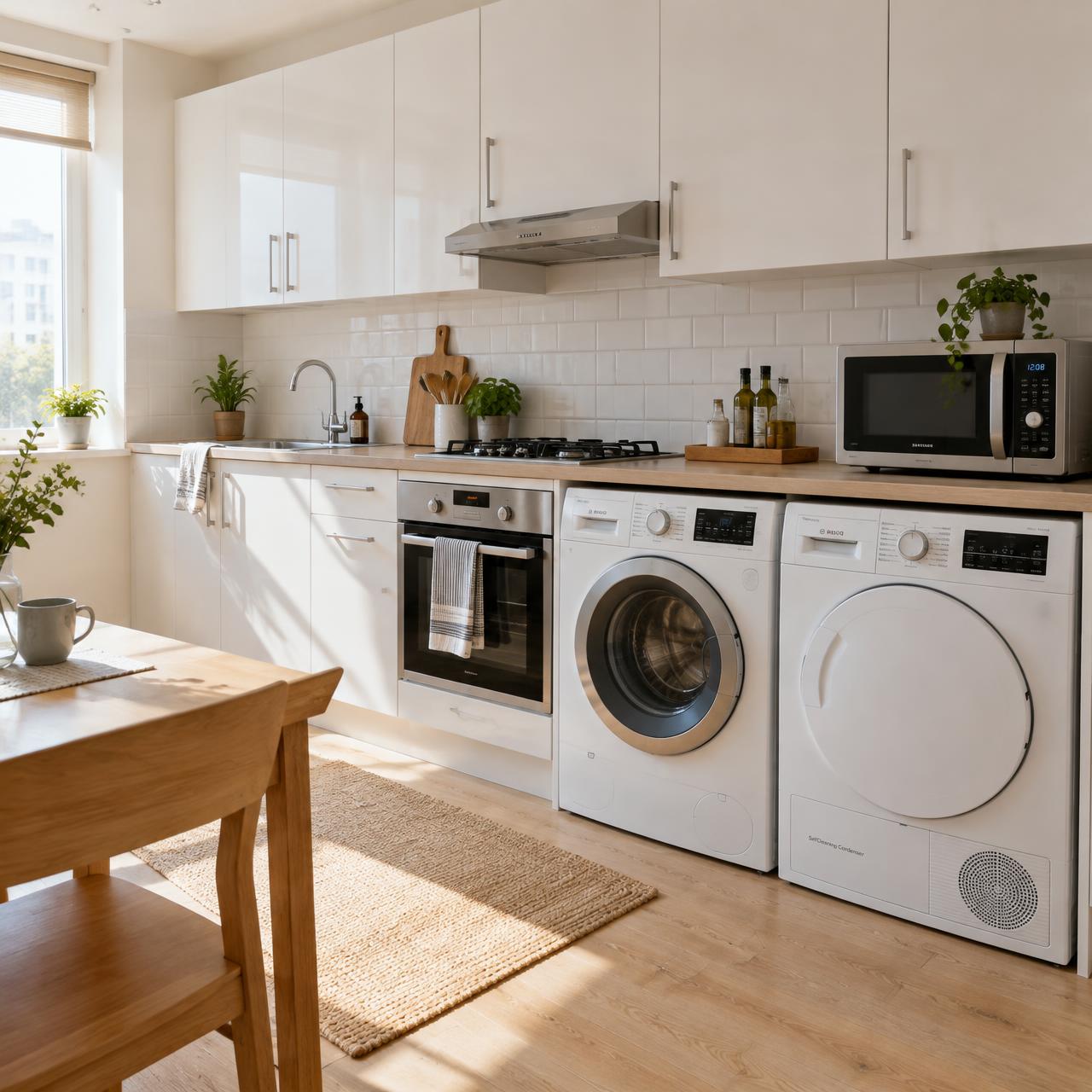 Free washing machine and separate heat dryer in the shared kitchen at 4Leaf Living Dubai