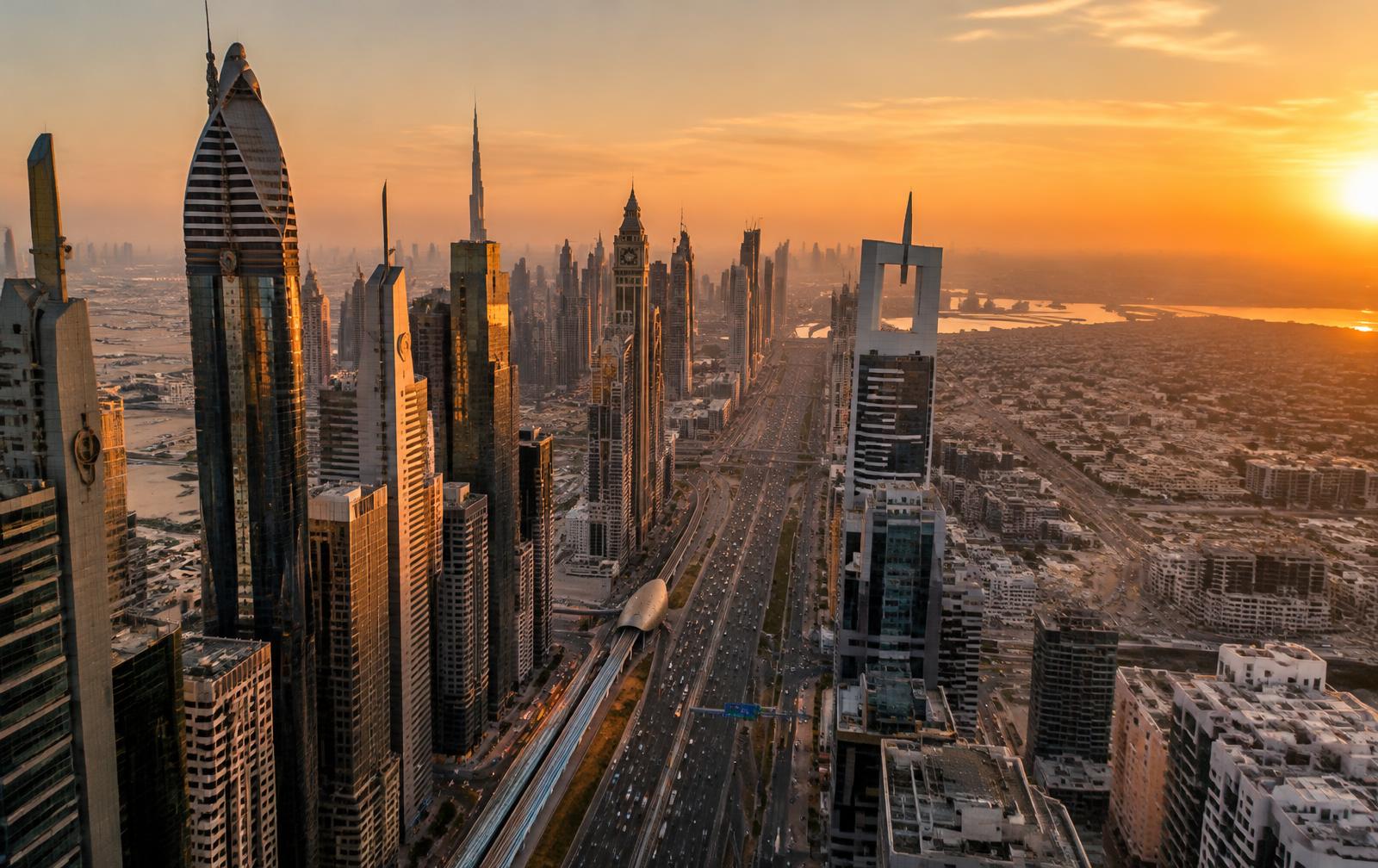 Aerial view of Sheikh Zayed Road skyline, Dubai